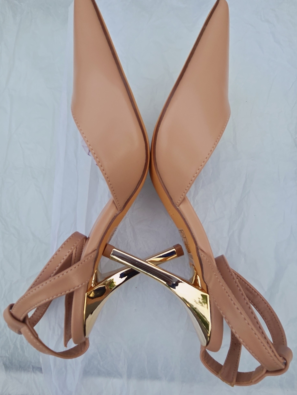 Pointed Toe Slingback Heels in Nude with Gold Accent